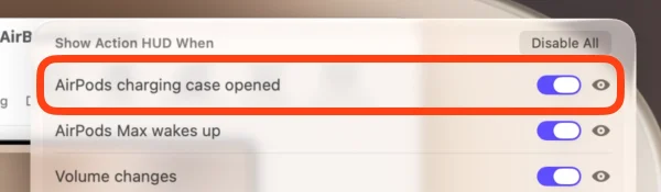 The AirPods nearby event enabled in the Action HUD event picker