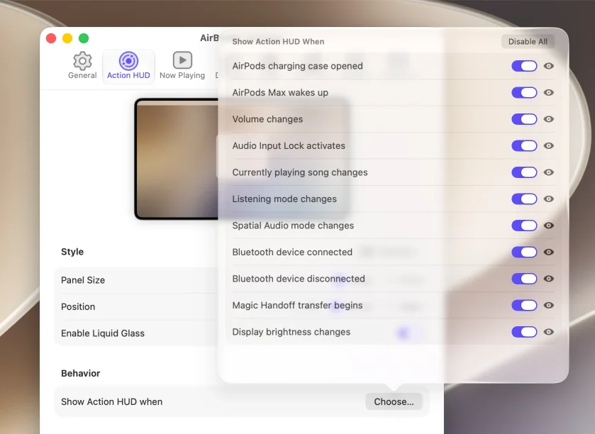 The Action HUD event picker with event toggles and preview buttons