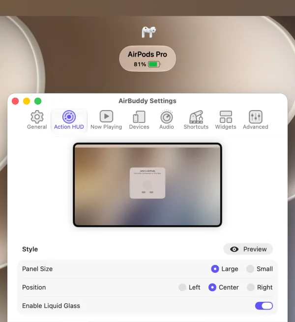 AirBuddy settings open to Action HUD with the large panel preview visible