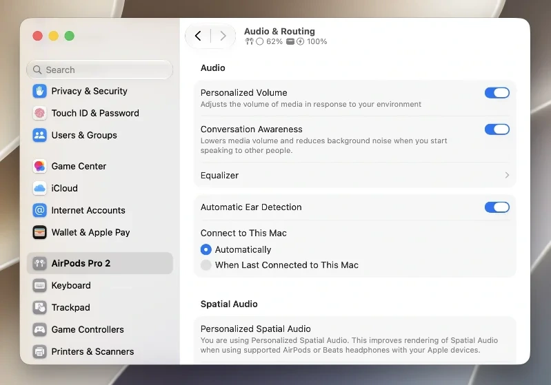 AirPods device settings with Connect to This Mac options