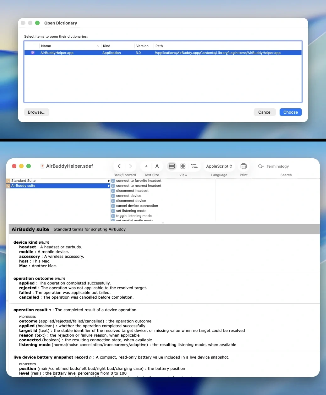 Script Editor showing the AirBuddy scripting dictionary