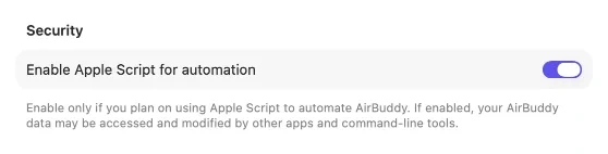AirBuddy General settings with AppleScript automation enabled