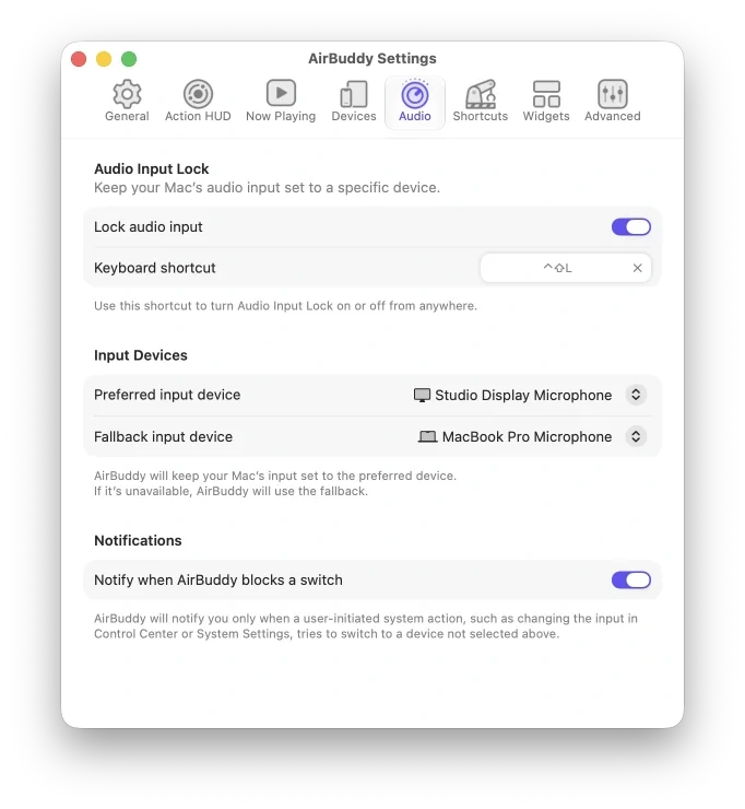 AirBuddy Audio settings with Audio Input Lock enabled and two input devices selected