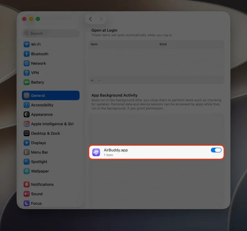 AirBuddy enabled in Login Items and Extensions in System Settings