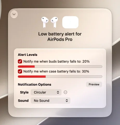 The AirBuddy 3 Battery Alert editor with threshold and alert style controls