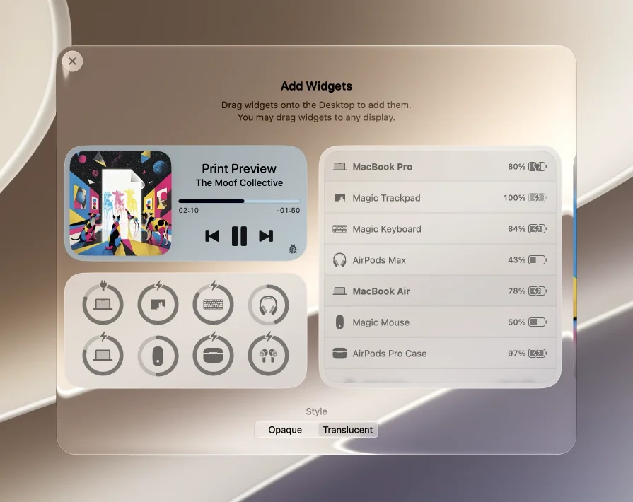 The AirBuddy Desktop Widgets gallery and layout editor