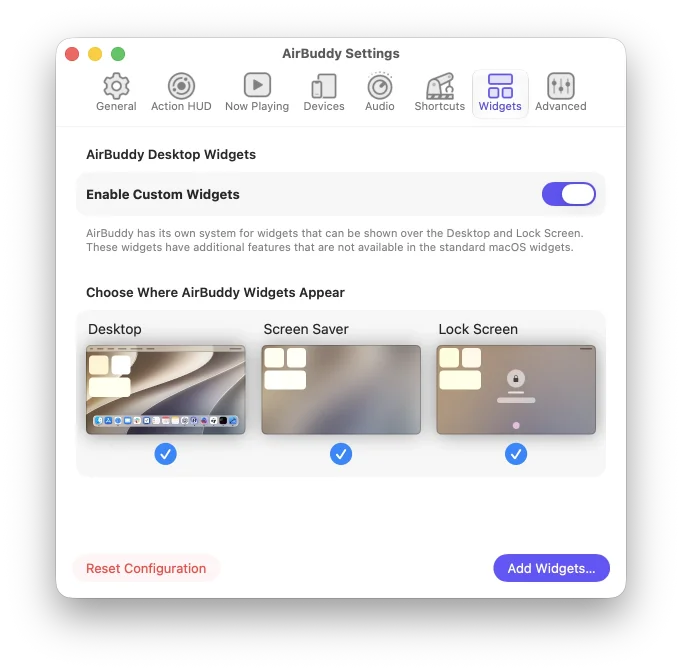 AirBuddy settings open to Widgets with Desktop and screen saver options