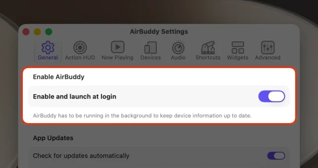 AirBuddy General settings with Enable and launch at login turned on