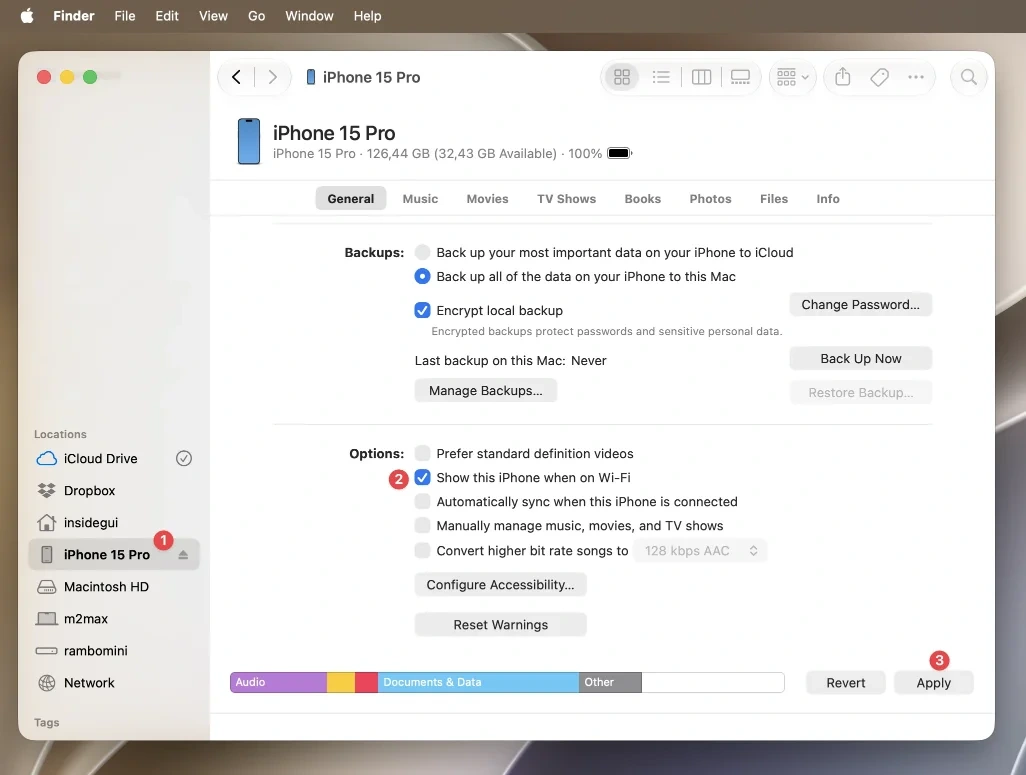 An iPhone selected in the Finder with Show this iPhone when on Wi-Fi selected