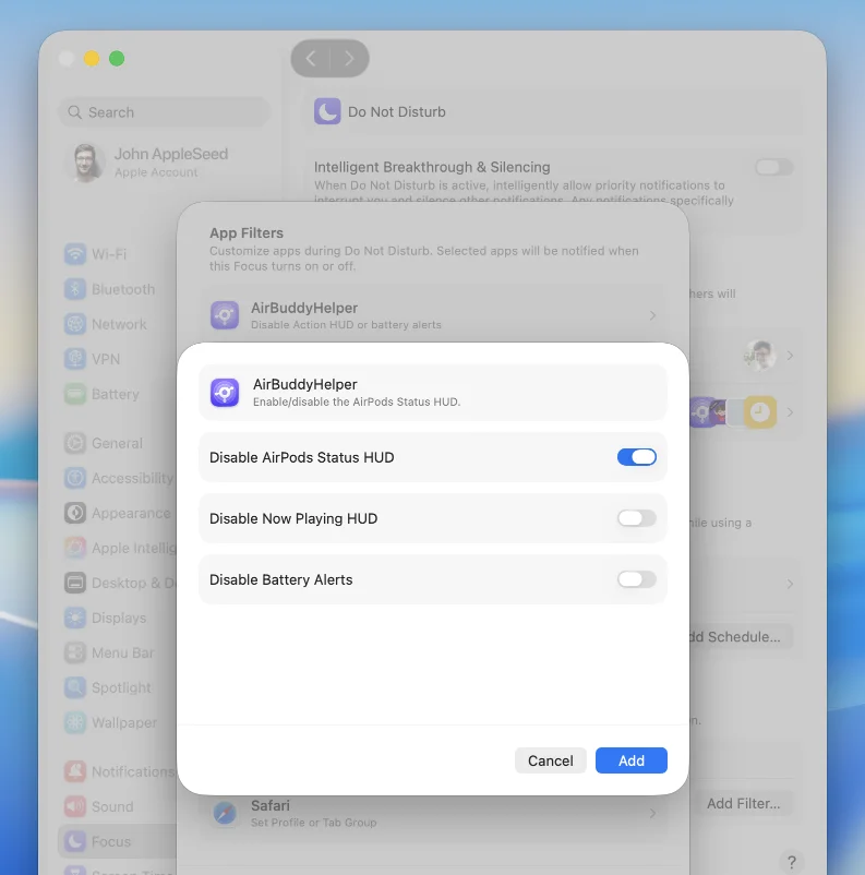 The AirBuddy Focus Filter configuration in System Settings