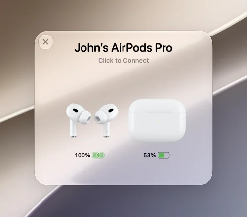 A supported AirPods charging case shown separately in the Action HUD