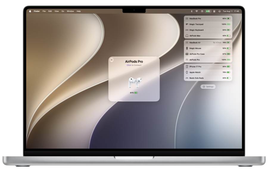 AirBuddy 3 Dashboard and Action HUD using Liquid Glass on macOS Tahoe