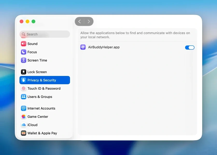 AirBuddy and AirBuddyHelper allowed under Local Network privacy settings