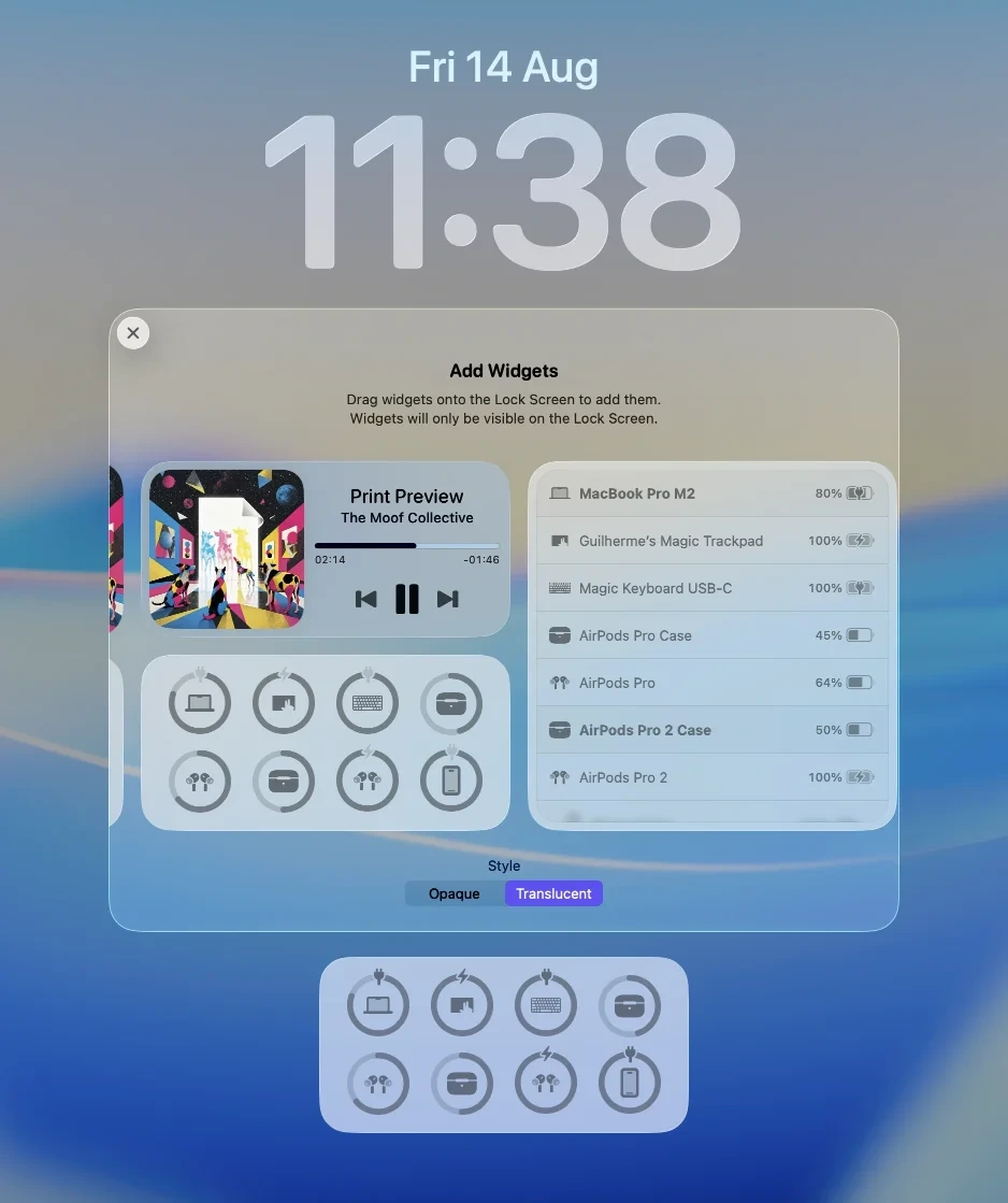 AirBuddy widgets being arranged in the Lock Screen preview