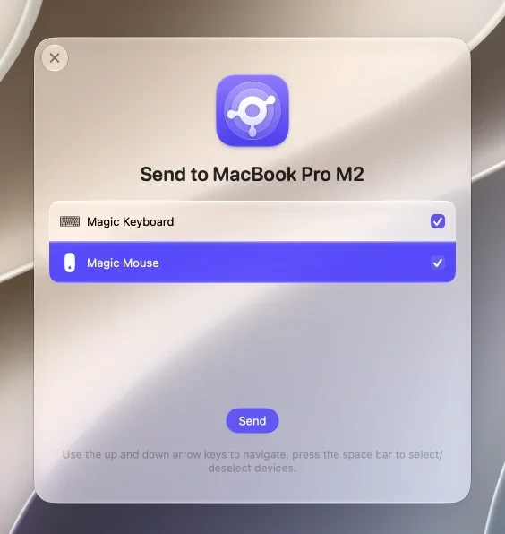 The AirBuddy 3 Magic Handoff picker with multiple peripherals selected