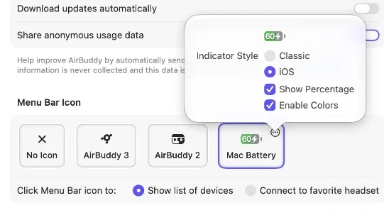 AirBuddy General settings showing the available menu bar icon styles