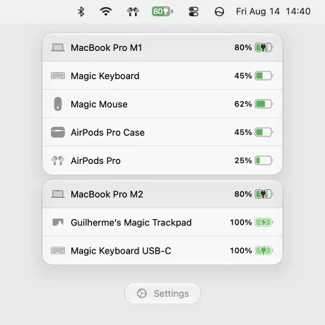 Two nearby Macs and their connected accessories in the AirBuddy Dashboard