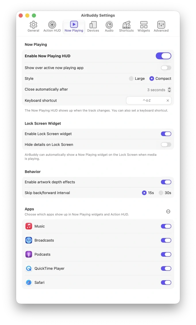 AirBuddy Now Playing settings with HUD, Lock Screen, and behavior options