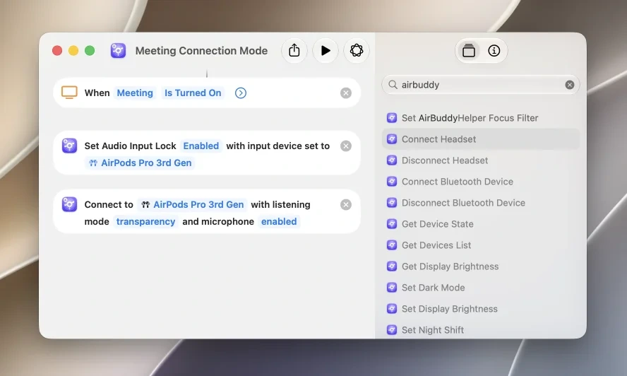 A personal automation in Shortcuts that configures AirPods after connection