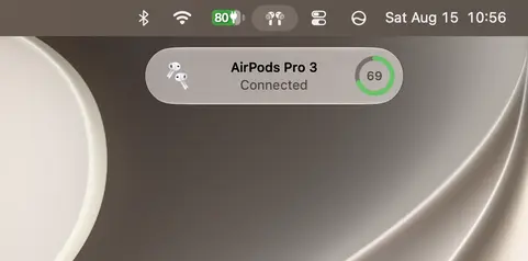 A macOS notification displays a pair of AirPods Pro with the message connected
