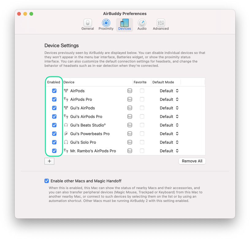 Screenshot of the devices tab, showing a checkbox to the left of every device that enables/disables it