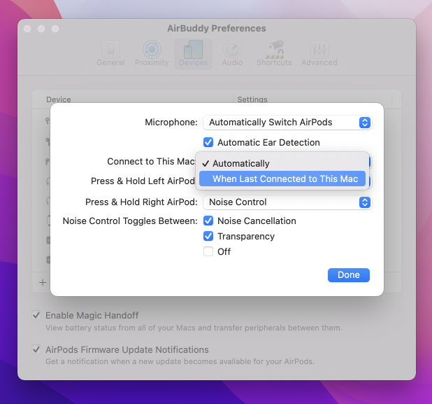 AirBuddy settings window showing the settings for AirPods Pro