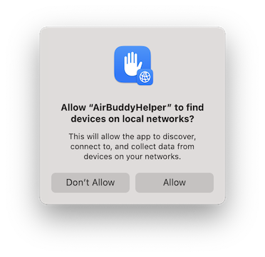 Dialog showing a request from AirBuddyHelper to find devices on the local network