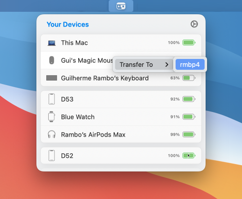 AirBuddy’s list of devices in the menu bar is seen, a peripheral has a menu opened with the option to transfer it to another Mac