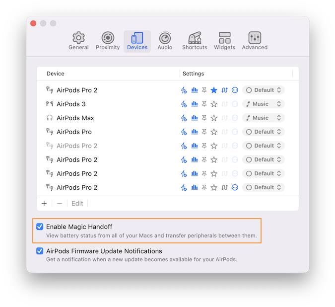 The AirBuddy settings window on the Devices tab with the option ‘Enable Other Macs and Magic Handoff’ enabled