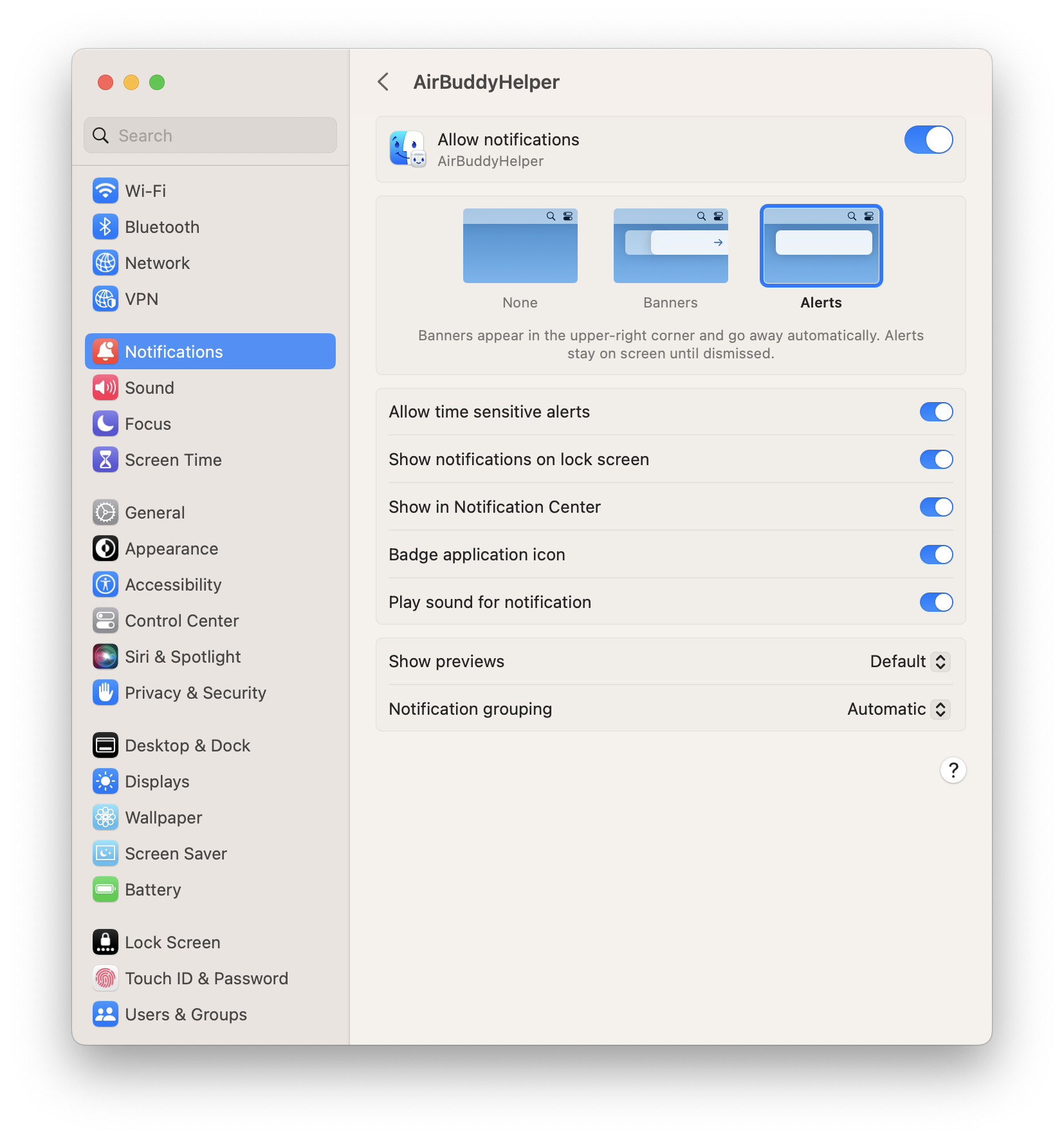 System Preferences shows notification settings for AirBuddyHelper with the Alert style selected