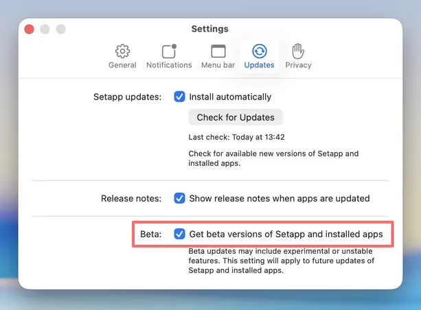 Setapp Updates settings with beta versions enabled