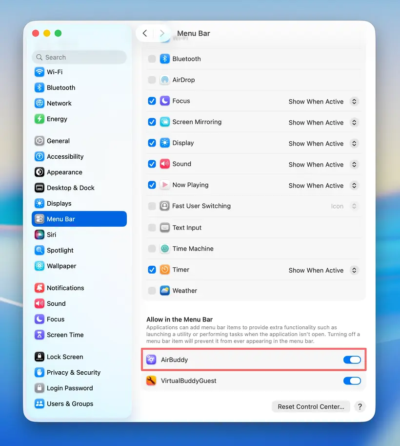 System Settings showing AirBuddy turned on under Allow in the Menu Bar