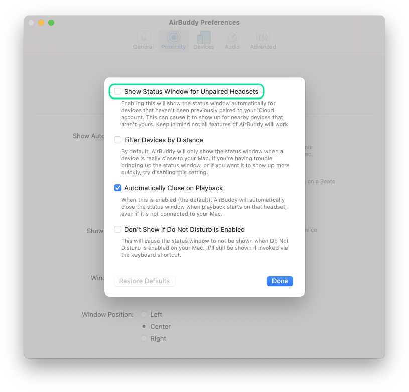 Settings window with unpaired headsets disabled in advanced proximity settings